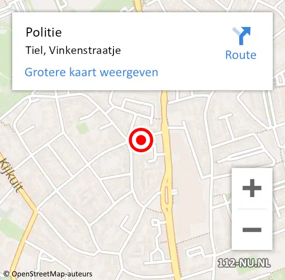 Locatie op kaart van de 112 melding: Politie Tiel, Vinkenstraatje op 4 oktober 2022 18:30