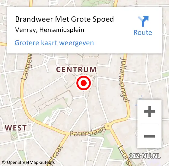 Locatie op kaart van de 112 melding: Brandweer Met Grote Spoed Naar Venray, Henseniusplein op 4 oktober 2022 20:11