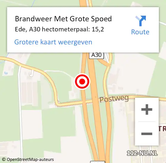 Locatie op kaart van de 112 melding: Brandweer Met Grote Spoed Naar Ede, A30 hectometerpaal: 15,2 op 4 oktober 2022 21:49