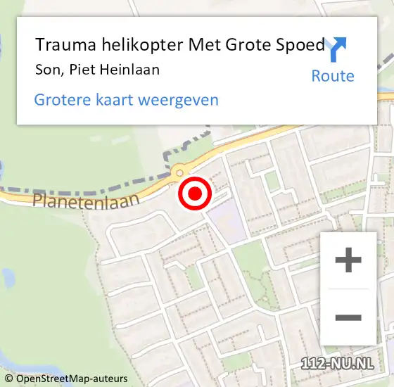 Locatie op kaart van de 112 melding: Trauma helikopter Met Grote Spoed Naar Son, Piet Heinlaan op 4 oktober 2022 22:44