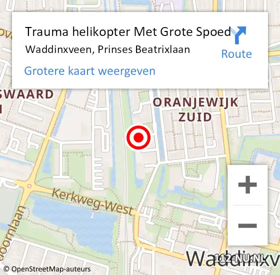 Locatie op kaart van de 112 melding: Trauma helikopter Met Grote Spoed Naar Waddinxveen, Prinses Beatrixlaan op 5 oktober 2022 00:17