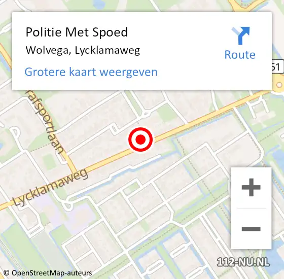 Locatie op kaart van de 112 melding: Politie Met Spoed Naar Wolvega, Lycklamaweg op 5 oktober 2022 01:14