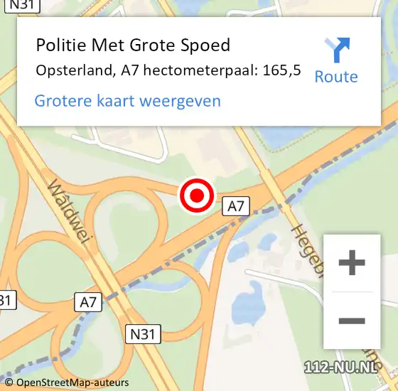 Locatie op kaart van de 112 melding: Politie Met Grote Spoed Naar Opsterland, A7 hectometerpaal: 165,5 op 5 oktober 2022 05:10