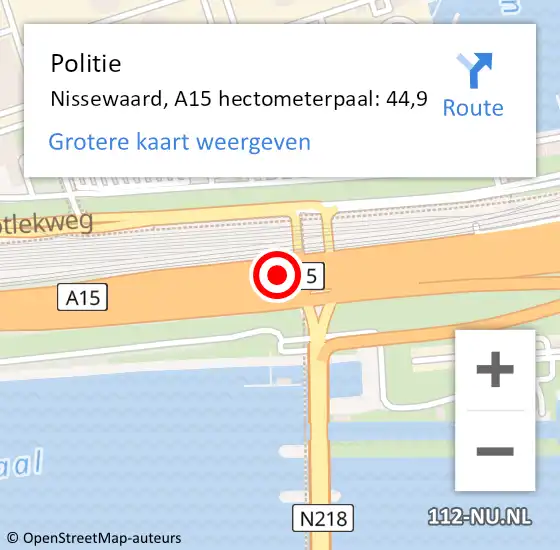 Locatie op kaart van de 112 melding: Politie Nissewaard, A15 hectometerpaal: 44,9 op 5 oktober 2022 06:49