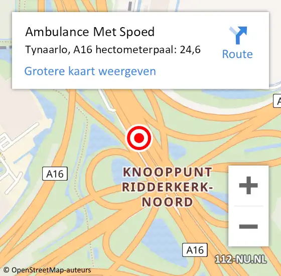 Locatie op kaart van de 112 melding: Ambulance Met Spoed Naar Tynaarlo, A16 hectometerpaal: 24,6 op 5 oktober 2022 07:57