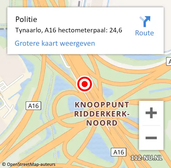 Locatie op kaart van de 112 melding: Politie Tynaarlo, A16 hectometerpaal: 24,6 op 5 oktober 2022 07:58