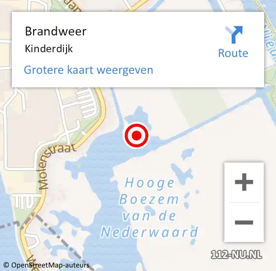 Locatie op kaart van de 112 melding: Brandweer Kinderdijk op 5 oktober 2022 10:38