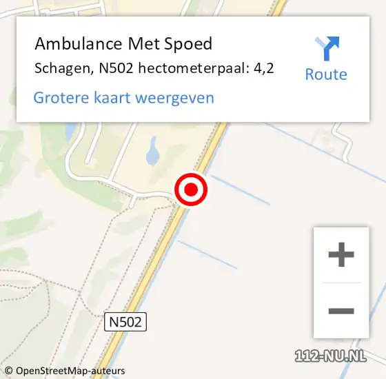 Locatie op kaart van de 112 melding: Ambulance Met Spoed Naar Schagen, N502 hectometerpaal: 4,2 op 5 oktober 2022 11:19