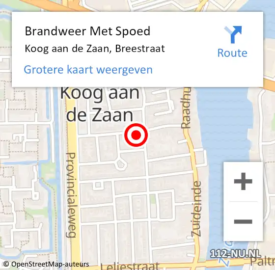 Locatie op kaart van de 112 melding: Brandweer Met Spoed Naar Koog aan de Zaan, Breestraat op 5 oktober 2022 12:08