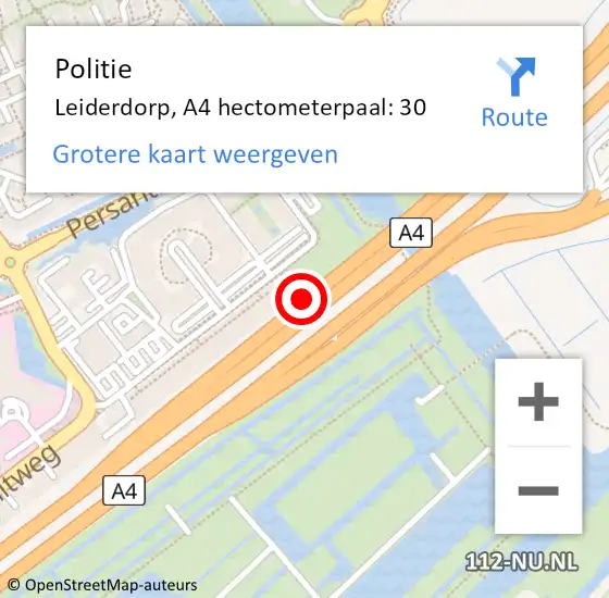 Locatie op kaart van de 112 melding: Politie Leiderdorp, A4 hectometerpaal: 30 op 5 oktober 2022 12:12