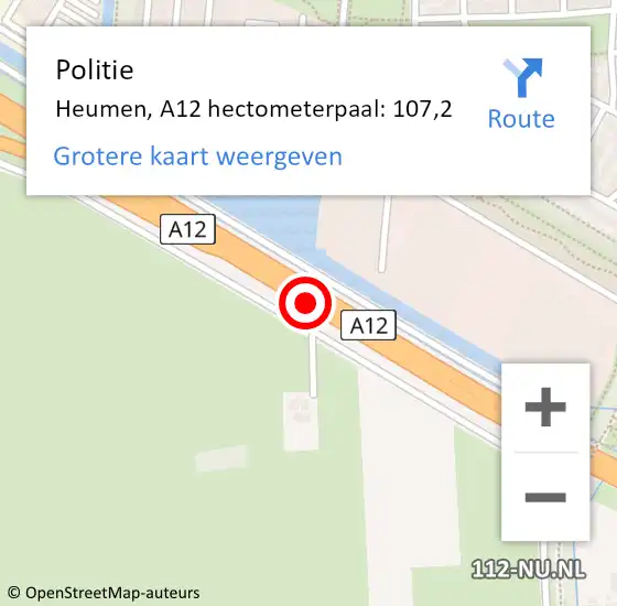 Locatie op kaart van de 112 melding: Politie Heumen, A12 hectometerpaal: 107,2 op 5 oktober 2022 13:23