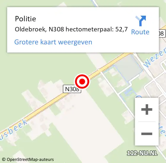 Locatie op kaart van de 112 melding: Politie Oldebroek, N308 hectometerpaal: 52,7 op 5 oktober 2022 13:48