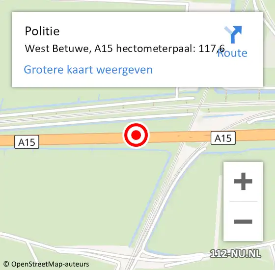 Locatie op kaart van de 112 melding: Politie West Betuwe, A15 hectometerpaal: 117,6 op 5 oktober 2022 14:48