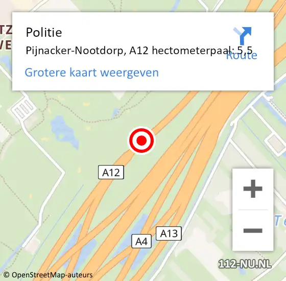 Locatie op kaart van de 112 melding: Politie Den Haag, A12 hectometerpaal: 5,5 op 5 oktober 2022 15:04