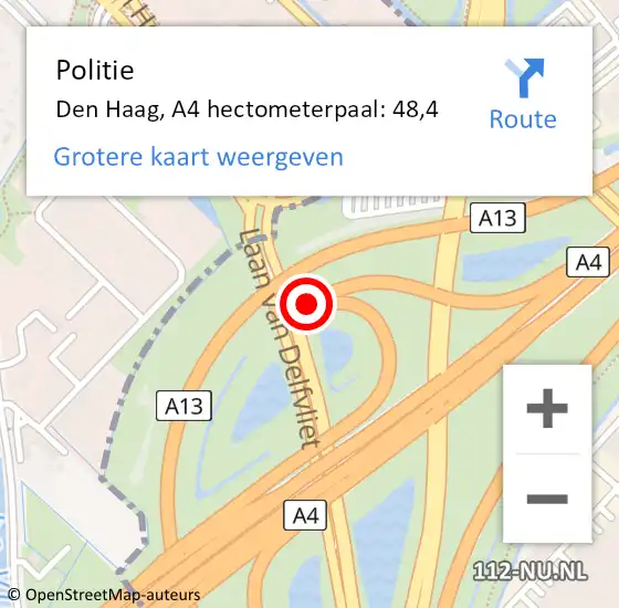 Locatie op kaart van de 112 melding: Politie Den Haag, A4 hectometerpaal: 48,4 op 5 oktober 2022 15:14