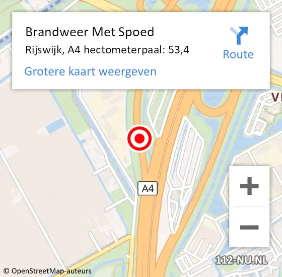 Locatie op kaart van de 112 melding: Brandweer Met Spoed Naar Rijswijk, A4 hectometerpaal: 53,4 op 5 oktober 2022 15:58