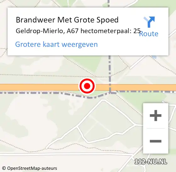 Locatie op kaart van de 112 melding: Brandweer Met Grote Spoed Naar Geldrop-Mierlo, A67 hectometerpaal: 25 op 5 oktober 2022 16:10