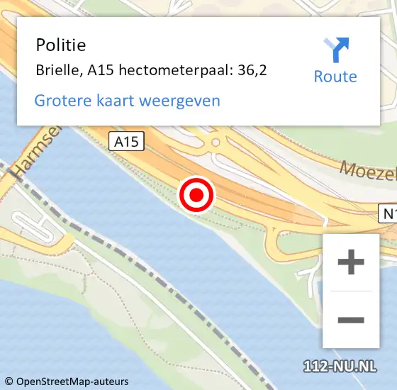 Locatie op kaart van de 112 melding: Politie Brielle, A15 hectometerpaal: 36,2 op 5 oktober 2022 16:54