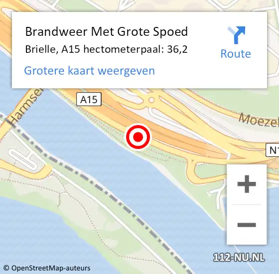 Locatie op kaart van de 112 melding: Brandweer Met Grote Spoed Naar Brielle, A15 hectometerpaal: 36,2 op 5 oktober 2022 16:54