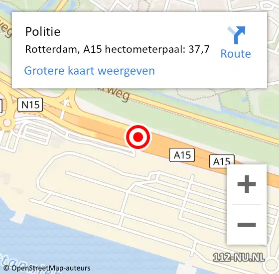 Locatie op kaart van de 112 melding: Politie Rotterdam, A15 hectometerpaal: 37,7 op 5 oktober 2022 16:56