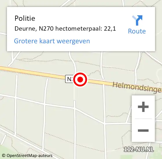 Locatie op kaart van de 112 melding: Politie Gemert-Bakel, N270 hectometerpaal: 22,1 op 5 oktober 2022 17:32