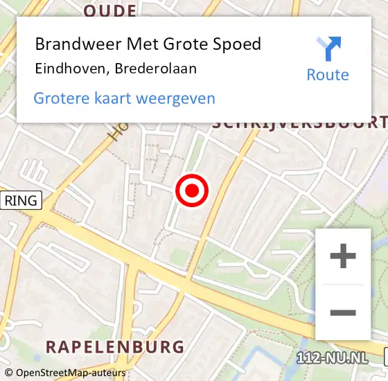 Locatie op kaart van de 112 melding: Brandweer Met Grote Spoed Naar Eindhoven, Brederolaan op 5 oktober 2022 18:33