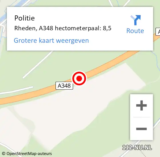 Locatie op kaart van de 112 melding: Politie Rheden, A348 hectometerpaal: 8,5 op 5 oktober 2022 18:42