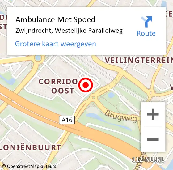 Locatie op kaart van de 112 melding: Ambulance Met Spoed Naar Zwijndrecht, Westelijke Parallelweg op 5 oktober 2022 19:29