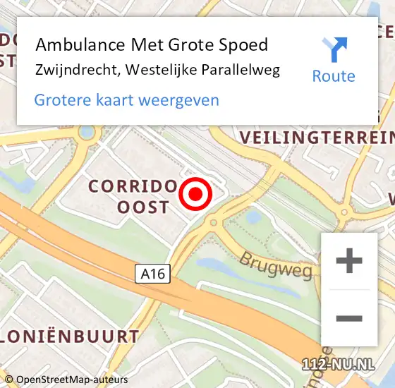 Locatie op kaart van de 112 melding: Ambulance Met Grote Spoed Naar Zwijndrecht, Westelijke Parallelweg op 5 oktober 2022 19:32