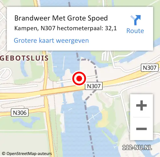 Locatie op kaart van de 112 melding: Brandweer Met Grote Spoed Naar Kampen, N307 hectometerpaal: 32,1 op 5 oktober 2022 19:47