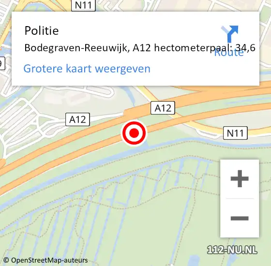 Locatie op kaart van de 112 melding: Politie Bodegraven-Reeuwijk, A12 hectometerpaal: 34,6 op 5 oktober 2022 20:57