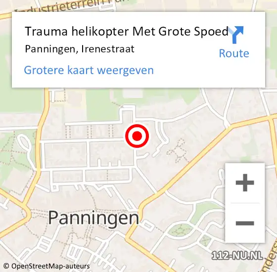 Locatie op kaart van de 112 melding: Trauma helikopter Met Grote Spoed Naar Panningen, Irenestraat op 5 oktober 2022 21:27