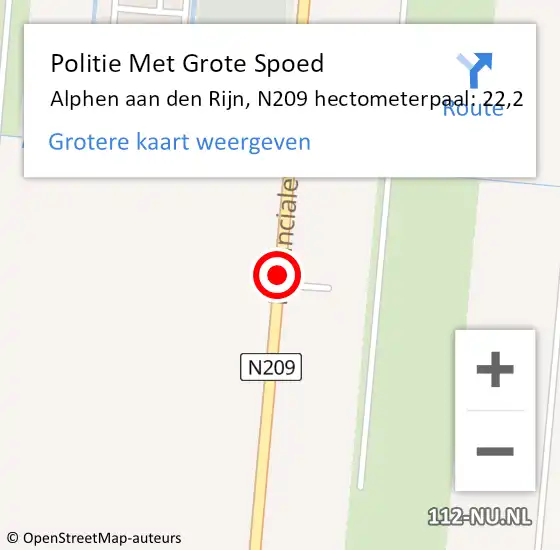 Locatie op kaart van de 112 melding: Politie Met Grote Spoed Naar Alphen aan den Rijn, N209 hectometerpaal: 22,2 op 5 oktober 2022 21:32