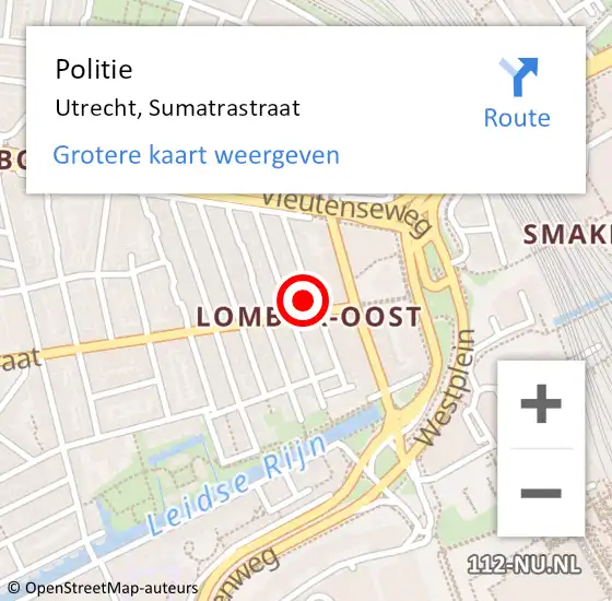 Locatie op kaart van de 112 melding: Politie Utrecht, Sumatrastraat op 6 oktober 2022 06:15