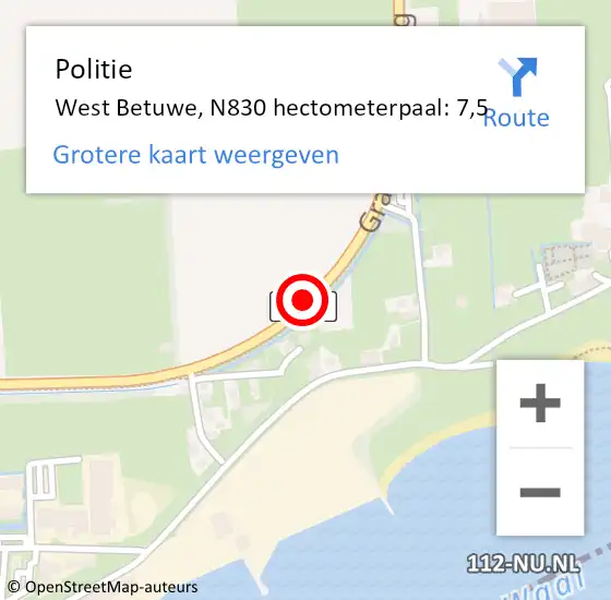 Locatie op kaart van de 112 melding: Politie West Betuwe, N830 hectometerpaal: 7,5 op 6 oktober 2022 06:25