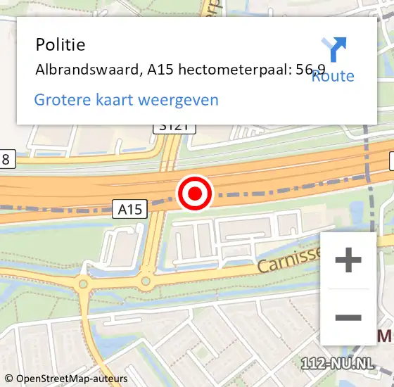 Locatie op kaart van de 112 melding: Politie Barendrecht, A15 hectometerpaal: 56,9 op 6 oktober 2022 07:07