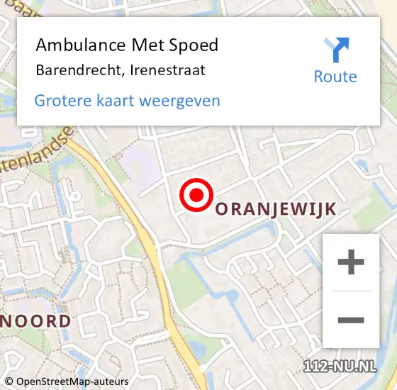 Locatie op kaart van de 112 melding: Ambulance Met Spoed Naar Barendrecht, Irenestraat op 6 oktober 2022 08:09