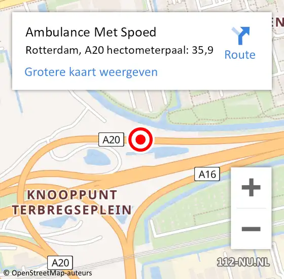 Locatie op kaart van de 112 melding: Ambulance Met Spoed Naar Rotterdam, A20 hectometerpaal: 35,9 op 6 oktober 2022 09:06
