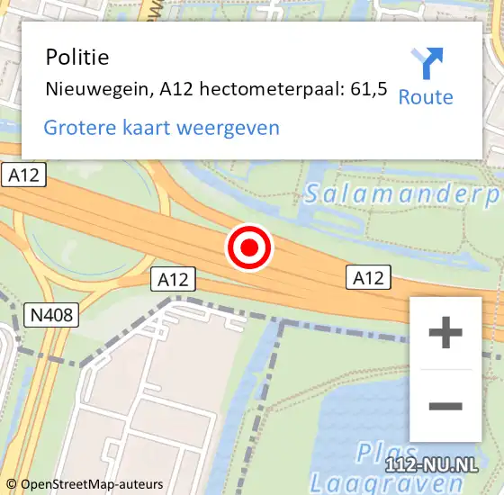 Locatie op kaart van de 112 melding: Politie Nieuwegein, A12 hectometerpaal: 61,5 op 6 oktober 2022 09:41