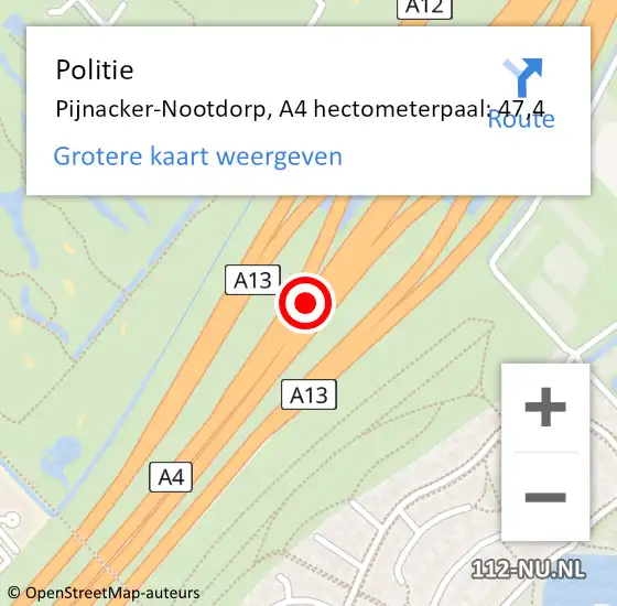 Locatie op kaart van de 112 melding: Politie Den Haag, A4 hectometerpaal: 47,4 op 6 oktober 2022 14:20