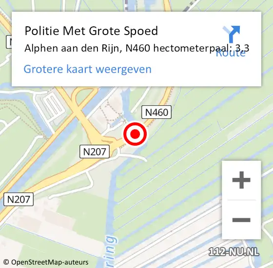 Locatie op kaart van de 112 melding: Politie Met Grote Spoed Naar Alphen aan den Rijn, N460 hectometerpaal: 3,3 op 6 oktober 2022 15:03