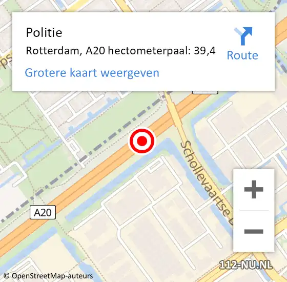 Locatie op kaart van de 112 melding: Politie Rotterdam, A20 hectometerpaal: 39,4 op 6 oktober 2022 15:40