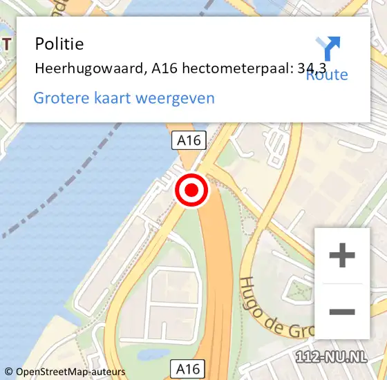Locatie op kaart van de 112 melding: Politie Heerhugowaard, A16 hectometerpaal: 34,3 op 6 oktober 2022 16:58