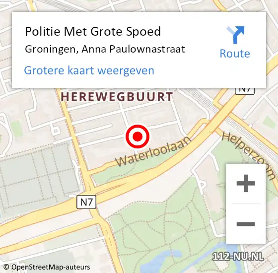 Locatie op kaart van de 112 melding: Politie Met Grote Spoed Naar Groningen, Anna Paulownastraat op 6 oktober 2022 17:00