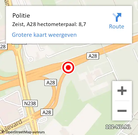 Locatie op kaart van de 112 melding: Politie Zeist, A28 hectometerpaal: 8,7 op 6 oktober 2022 17:16