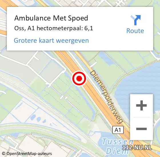 Locatie op kaart van de 112 melding: Ambulance Met Spoed Naar Oss, A1 hectometerpaal: 6,1 op 6 oktober 2022 17:44