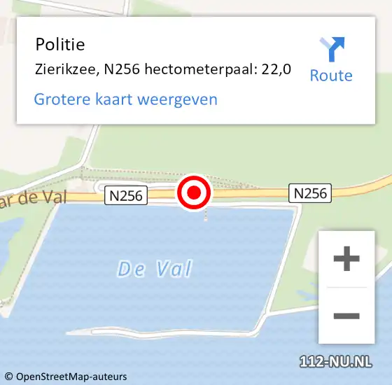 Locatie op kaart van de 112 melding: Politie Zierikzee, N256 hectometerpaal: 22,0 op 31 juli 2014 16:11