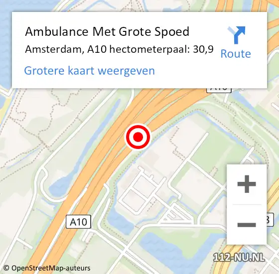 Locatie op kaart van de 112 melding: Ambulance Met Grote Spoed Naar Amsterdam, A10 hectometerpaal: 30,9 op 6 oktober 2022 22:12