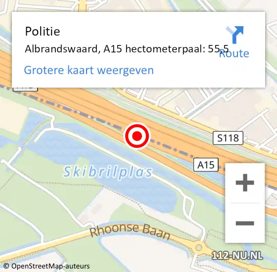 Locatie op kaart van de 112 melding: Politie Barendrecht, A15 hectometerpaal: 55,5 op 7 oktober 2022 06:22