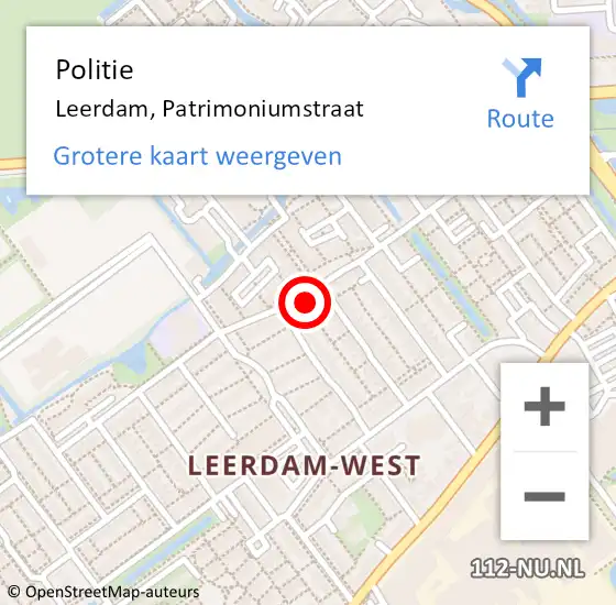 Locatie op kaart van de 112 melding: Politie Leerdam, Patrimoniumstraat op 7 oktober 2022 06:59
